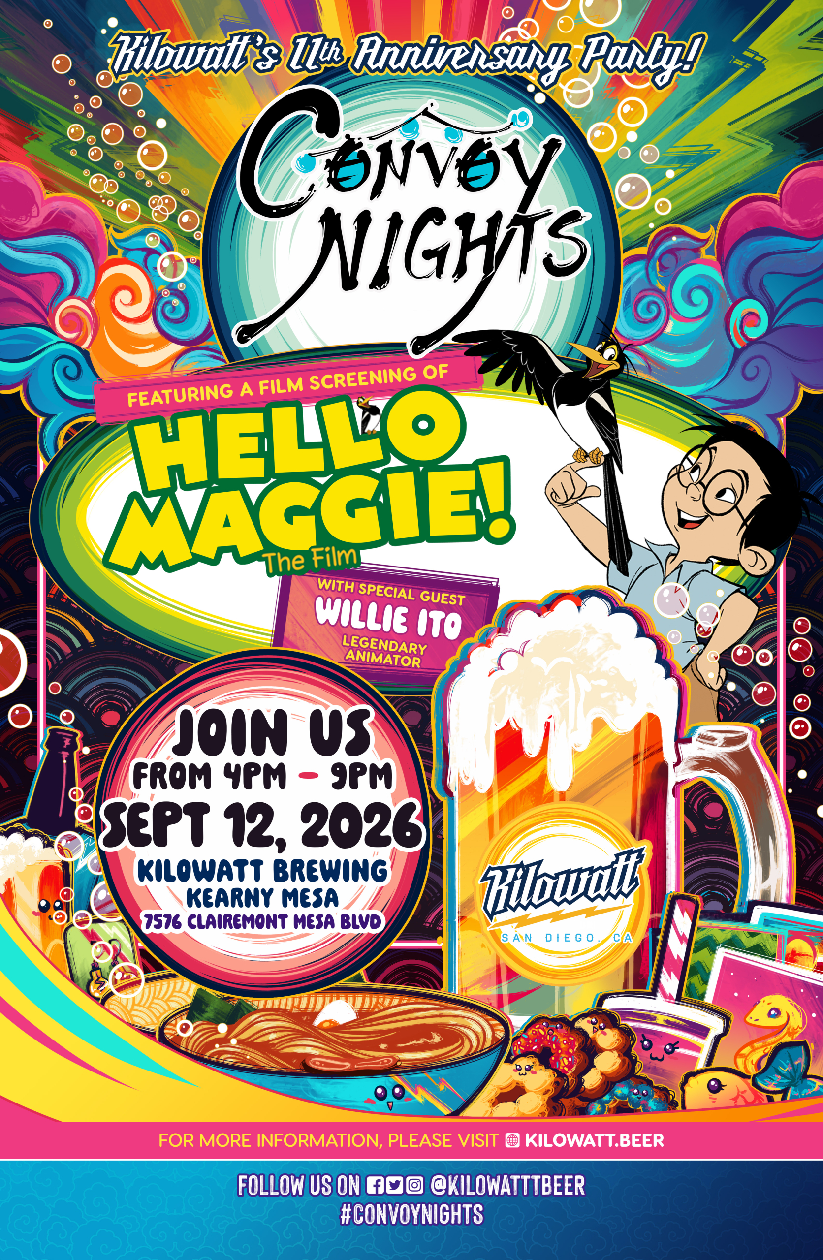 Convoy Nights 2026 flyer for Kilowatt Brewing 11th Anniversary Party featuring a film screening of HELLO MAGGIE! with legendary animator Willie Ito, September 12 2026
